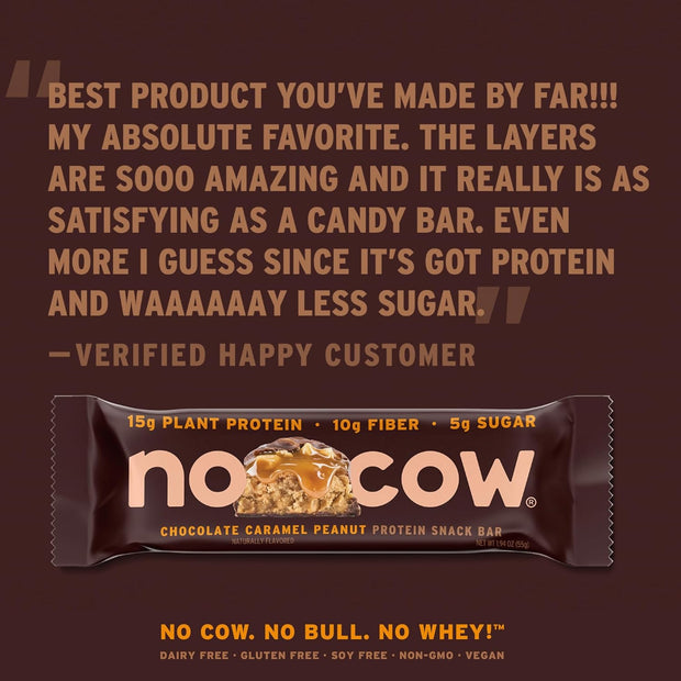 No Cow Vegan Protein Bars with Low Sugar & High Protein, 15g Plant Based Protein & 10g Fiber Snacks for On-the-Go Nutrition & Post-Workout, Gluten-Free, Dairy-Free(Chocolate Caramel Peanut, 12 Count)