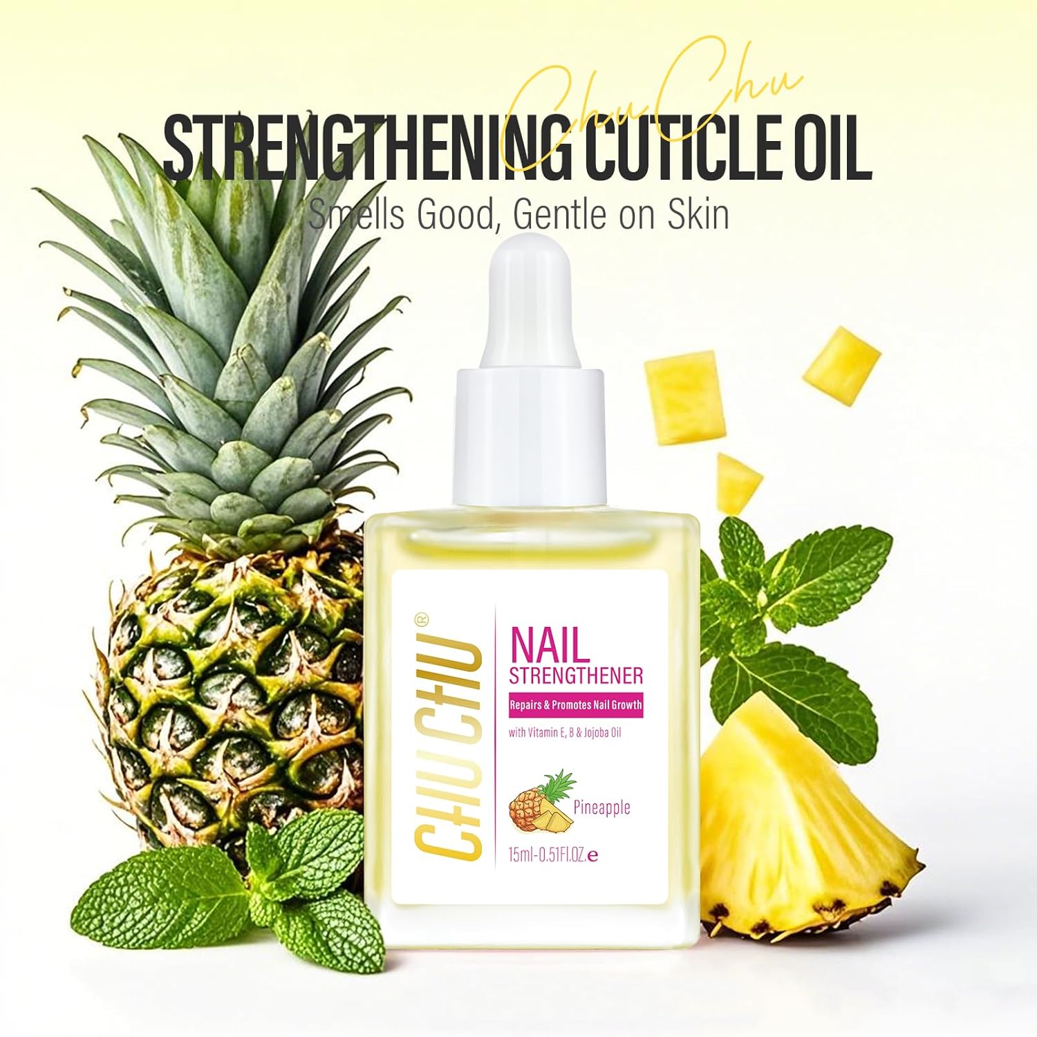 CHUCHU Nail Growth and Strengthener Oil for Cuticle - Pineapple Scent Cuticle Oil Repair Moisturizing Treatment - Natural Jojoba Vitamin B & E Nail Oil for Dry Cracked Nails
