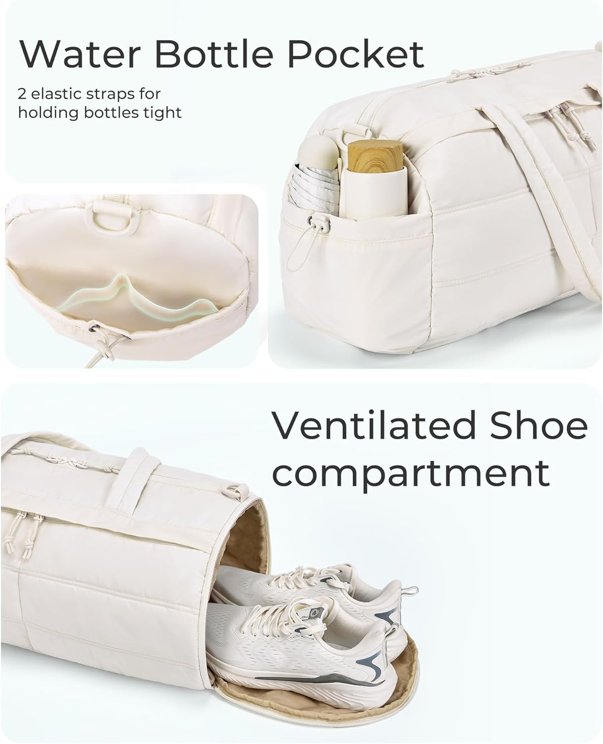 BAGSMART Puffer Gym Bag for Women, Lightweight Duffel Bag with Shoe Compartment, Weekender Bags with Wet Pocket, Workout Overnight Carry on Bag for Travel, Light Tan