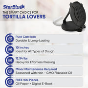 10 Inch Cast Iron Tortilla Press by StarBlue with FREE 100 Pieces Oil Paper and Digital Recipes e-book - Tool to make Indian style Chapati, Flour Tortilla, Roti