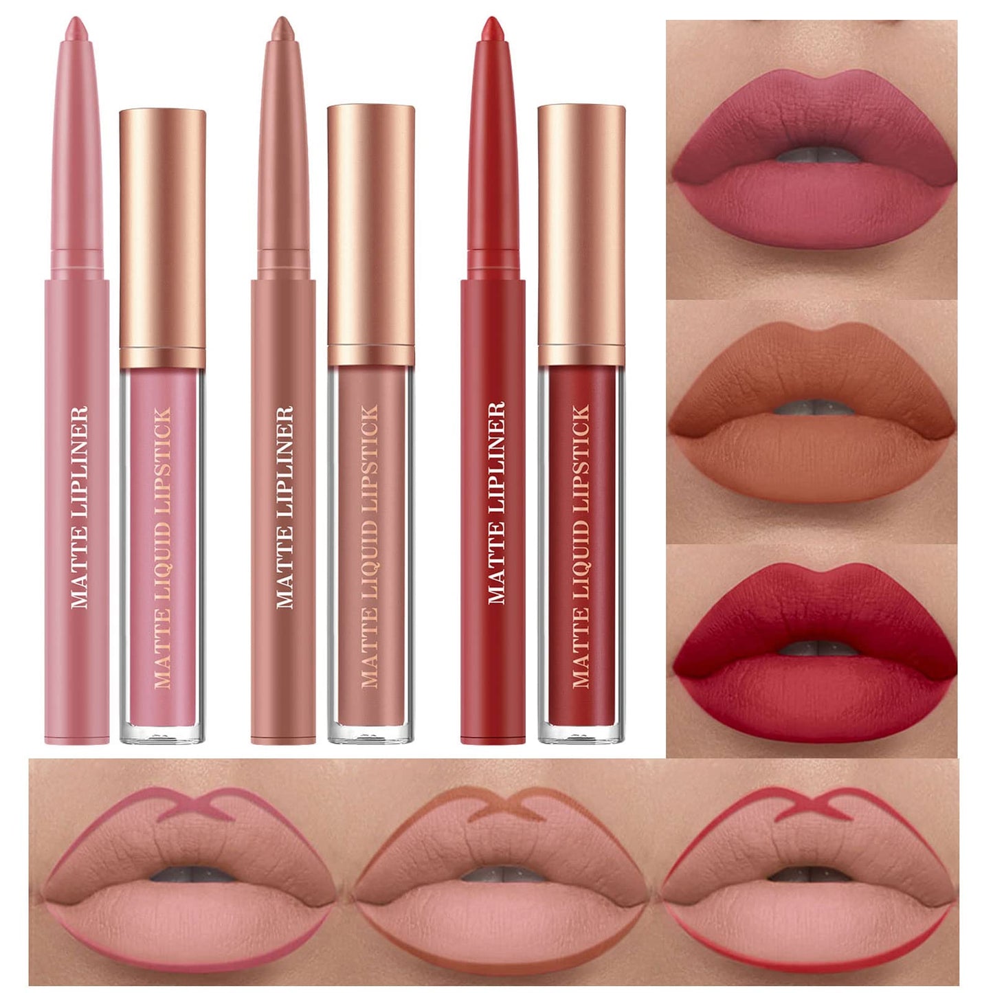 BestLand 6Pcs Matte Liquid Lipstick and Lip Liner Set, Non-Stick Cup Not Fade Waterproof 24 Hour Lip Gloss Nude Brown Lip Liner Pencil for Women, labiales mate 24 horas originales (Set E)