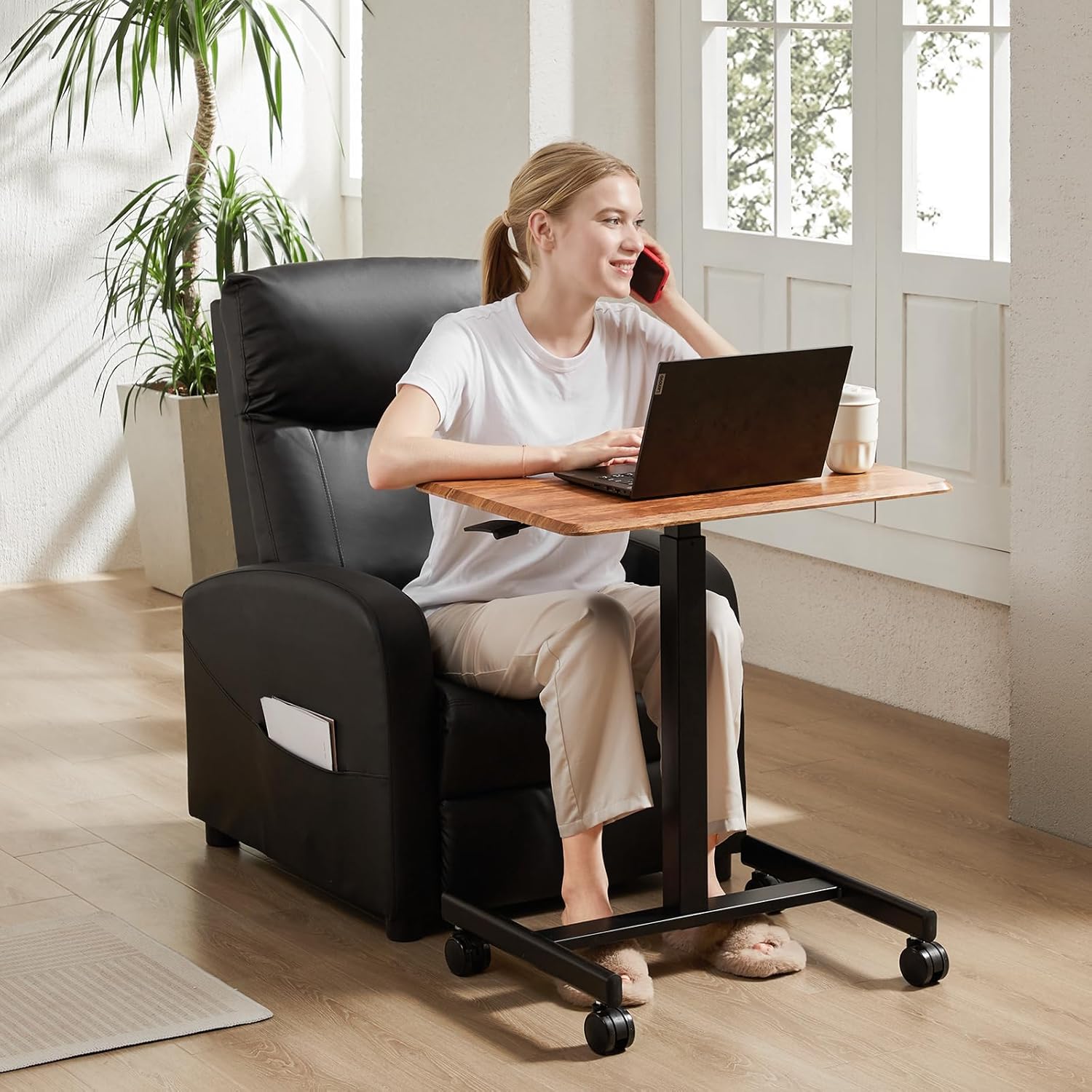 Sweetcrispy Small Mobile Standing Desk, Rolling Laptop Computer Carts, Portable Laptop Desk with Wheels, Adjustable Height Table for Home Office, Rust Brown