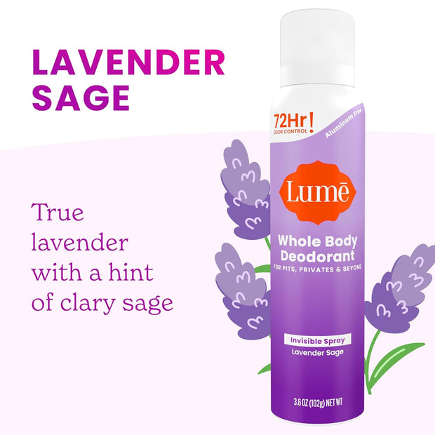 Lume Invisible Spray Deodorant For Women - Whole Body Deodorant Spray - 72 Hr Odor Control - Ozone Friendly, Natural Propellant - Aluminum & Baking Soda Free, Skin Loving - 2 pack (Lavender Sage)
