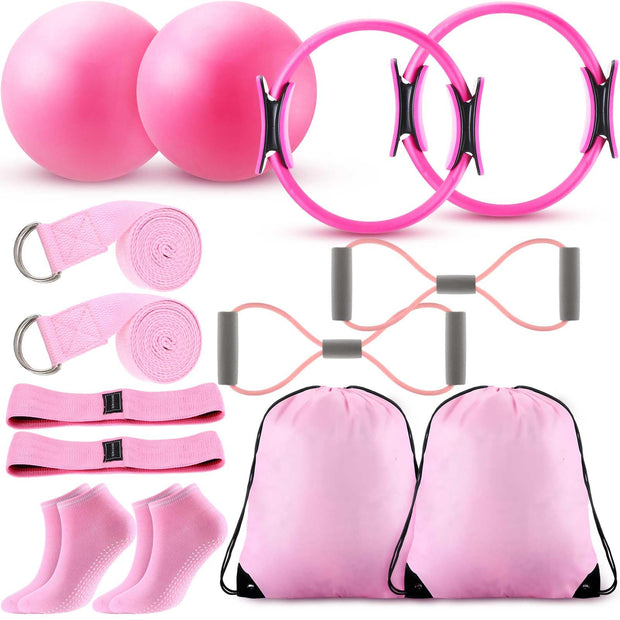 Poen Home Pilates Kit for Women Pilates Equipment Ring and Ball Set with Stretching Strap 8 Resistance Bands Non Slip Socks Gym Back Bags Exercise Equipment for Workout