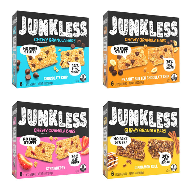 JUNKLESS Chewy Granola Bar 4‑Flavor Variety Pack (24 Bars)–Non‑GMO, Gluten‑Free, Less Sugar Snack Bars— Chocolate Chip, Peanut Butter Chocolate Chip, Cinnamon Roll & Real Strawberry, 4 Boxes