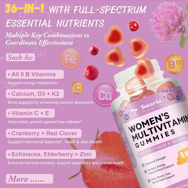 Sugar Free Multivitamin Gummies for Women 14+ w/Iron, Inositol, Folate, Biotin, Womens Daily Multivitamin Gummy w/Vitamin A, C, B, D3, K2, for Hair, Skin, Energy, Immune, Strawberry Flavor