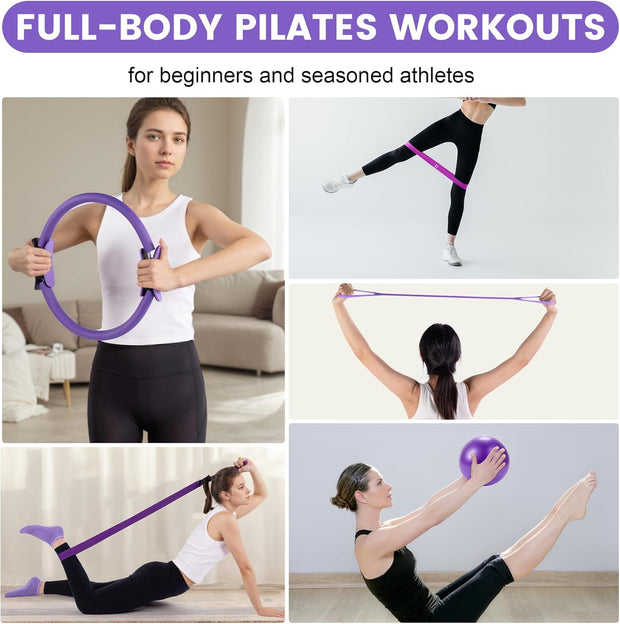 Pilates Ring Circle Fitness Set 17 pcs Equipment Accessories Workouts Includes Pilates Ball Magic Circle Yoga Ring Knee Pads and Resistance Bands for Women Set Gift for Women Weight Loss