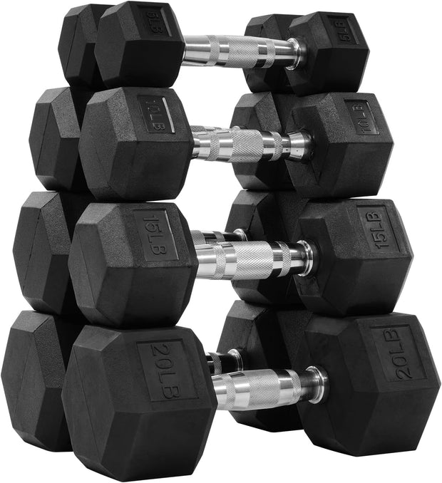 Rubber Encased Hex Dumbbell Set, Hand Weights with Anti-Slip Cast Iron Grip for Exercise & Fitness, Weights Dumbbells for Men Women Strength Full Body Workout, 60LB, 100LB, 150LB Set Options