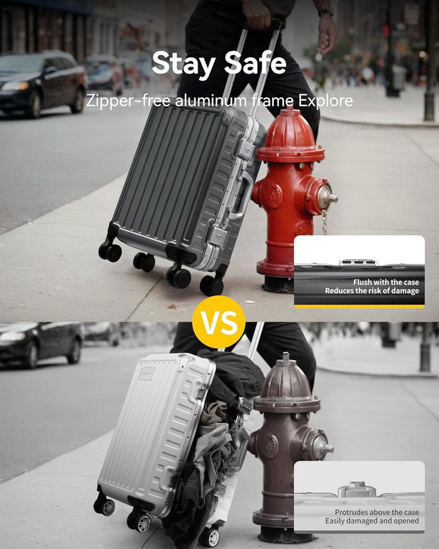 LUGGEX Checked Suitcase with Spinner Wheels, 28 Inch Aluminum Frame Zipperless Polycarbonate Hard Shell Suitcase, Charcoal Metallic