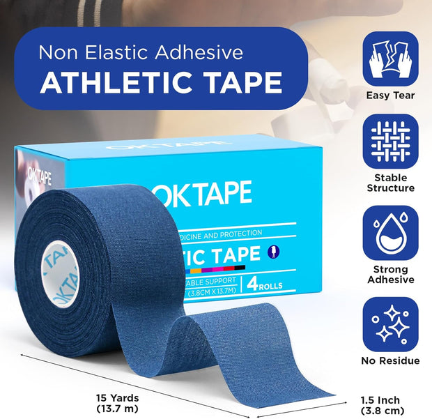 OK TAPE 4 Rolls Athletic Tape, Sports Tape for Injuries, Rigid, Easy Tear Medical Tape, Wrist Tape, No Sticky Residue | Secure Ankle, Finger, Knee- 1.5inch x 15yards (Purple)