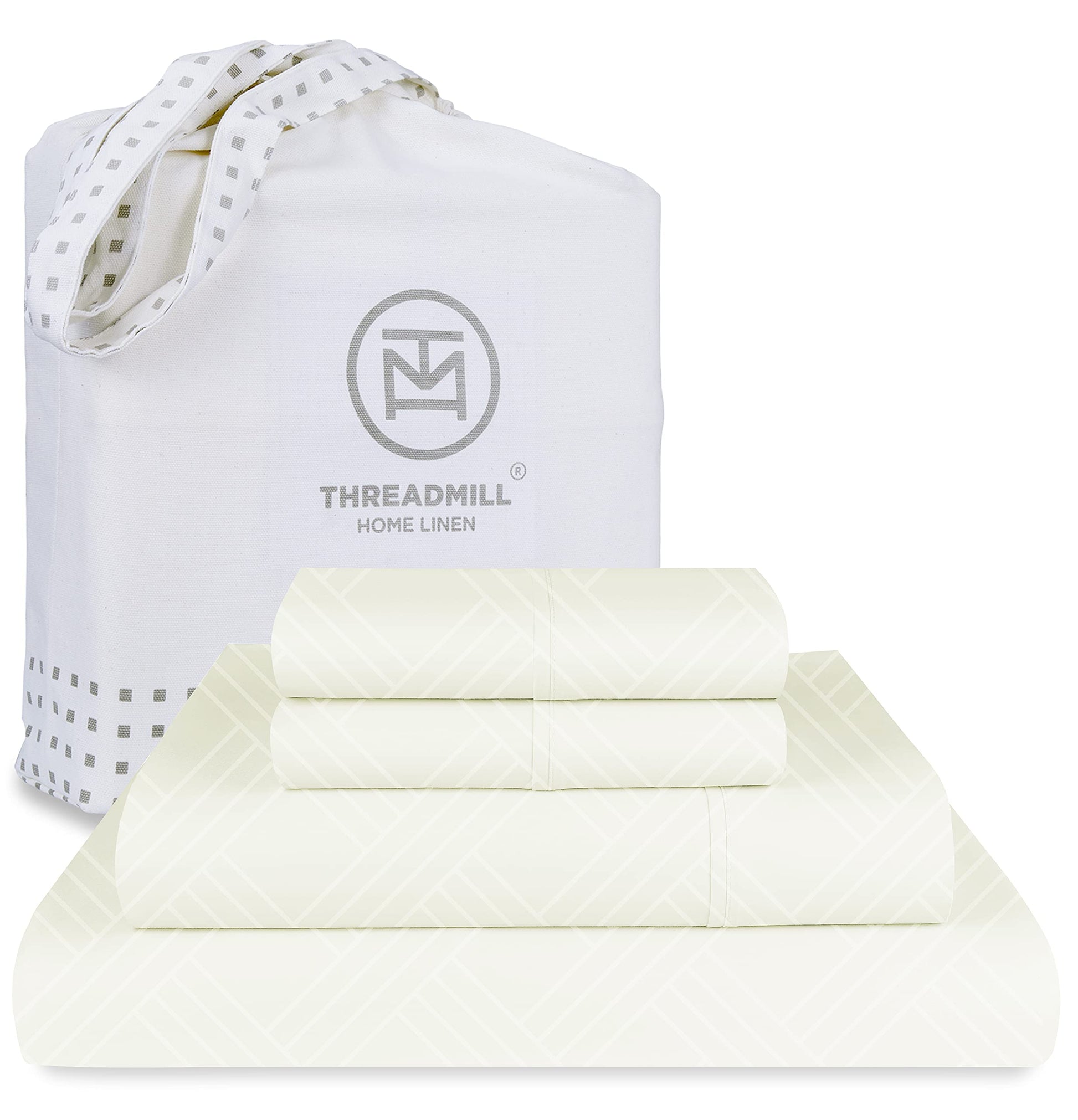 Threadmill Luxury 100% Cotton King Size Sheets Set- 800 Thread Count Jacquard Celine Hotel White, Better Than Egyptian Cotton,4 Pc Striped Bed Set, Damask Bed Sheets with 16" Deep Pocket