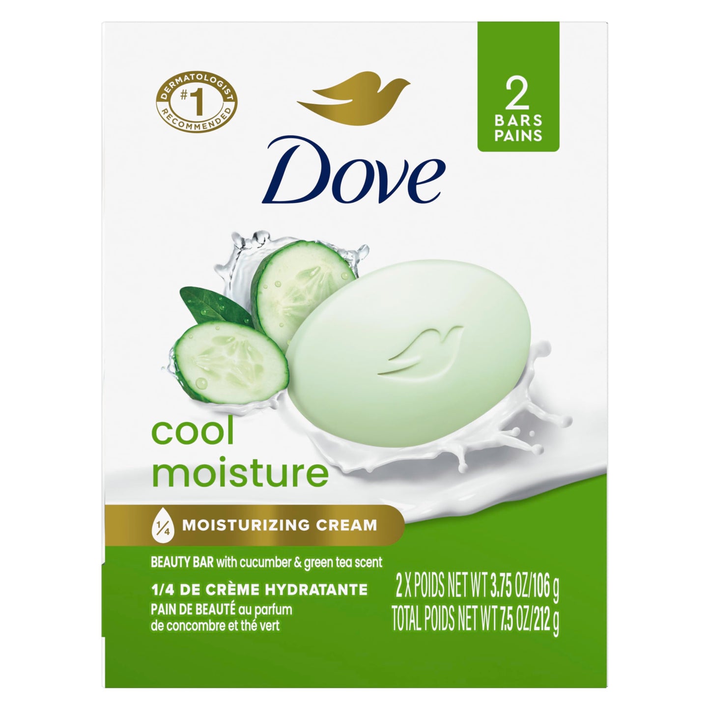Dove Beauty Bar Soap Cool Moisture Cucumber & Green Tea Scent 6 Count for Refreshed Skin, Leaves Skin Refreshed 3.75 oz