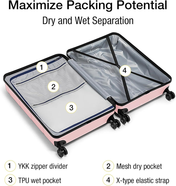 KYME Pink Luggage Sets 3 Piece (22in/26in/30in) Hard Shell Suitcases with Wheels Hardside Suitcase Set with TSA Lock Travel Rolling Luggage Set for Women Men