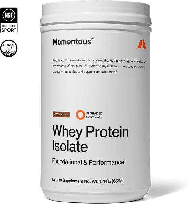 Momentous | Essential Grass-Fed Whey Protein Isolate, 24 Servings Per Pouch for Essential Everyday Use, Gluten-Free, NSF Certified (Chocolate)