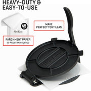Uno Casa Cast Iron Tortilla Press 8 Inch - Tortilla Maker Press, Pre-Seasoned Roti Maker with 100 Pcs Parchment Paper - Heavy Duty Quesadilla Maker for Homemade Flatbreads, Rotis, Empanadas