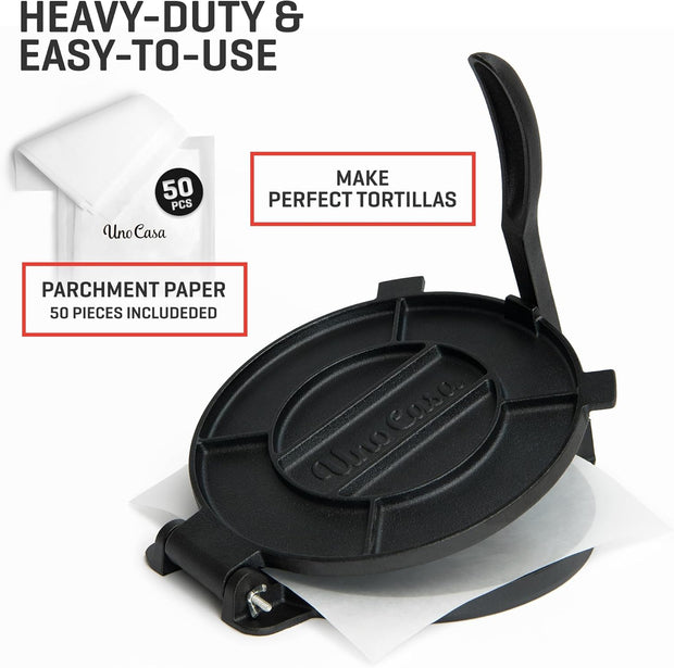 Uno Casa Cast Iron Tortilla Press 8 Inch - Tortilla Maker Press, Pre-Seasoned Roti Maker with 100 Pcs Parchment Paper - Heavy Duty Quesadilla Maker for Homemade Flatbreads, Rotis, Empanadas