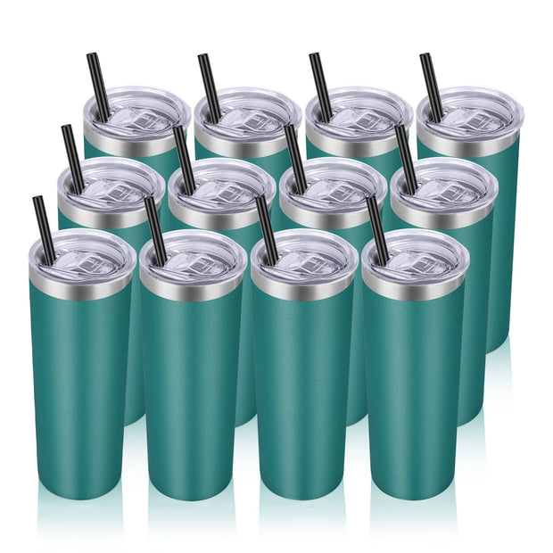 VEGOND Stainless Steel Tumblers Bulk 12 Pack, 20 oz Vacuum Insulated Skinny Tumblers with Lids and Straws, Double Wall Coffee Mug, Travel Water Cup, White