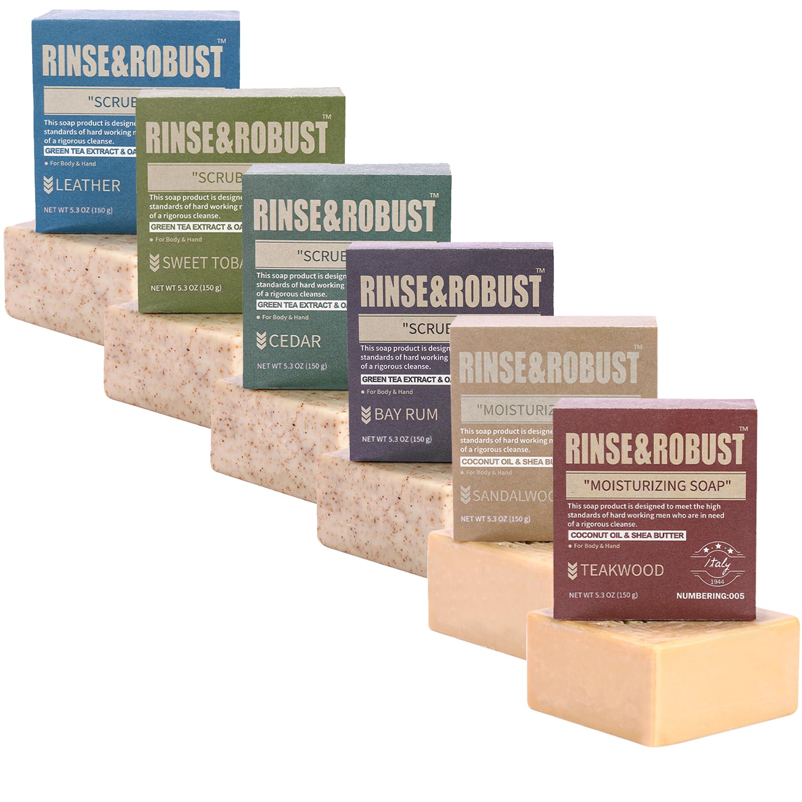 Rinse & Robust Mens Bar Soap 4Pcs Natural Soap Bar Set Cleansing Bar Moisturizing&Exfoliating Scrub Soap Gift Set for Men Face Body Hand Beard Wash 4 In 1 All Skin Type |5.3 oz of 4 Bars