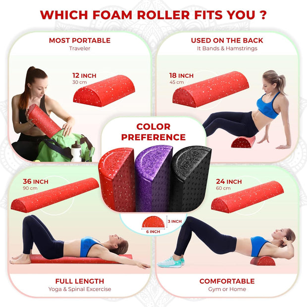 Yes4All High-Density EPP Half Round Back Roller Foam, Exercise Foam Roller for Yoga, Pilates & Stretching - 12, 18, 24, 36 inch