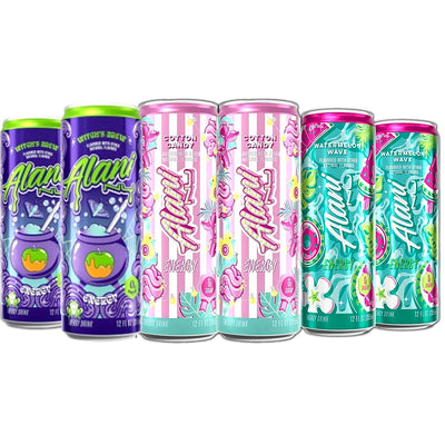New Alani Energy Drinks Witches Brew, Cotton Candy, Watermelon Wave Variety Pack Sugar-Free, Low-Calorie, 200mg Caffeine, Energy Boost Drink 12 fl oz (Pack of 6) (Packaging May Vary)