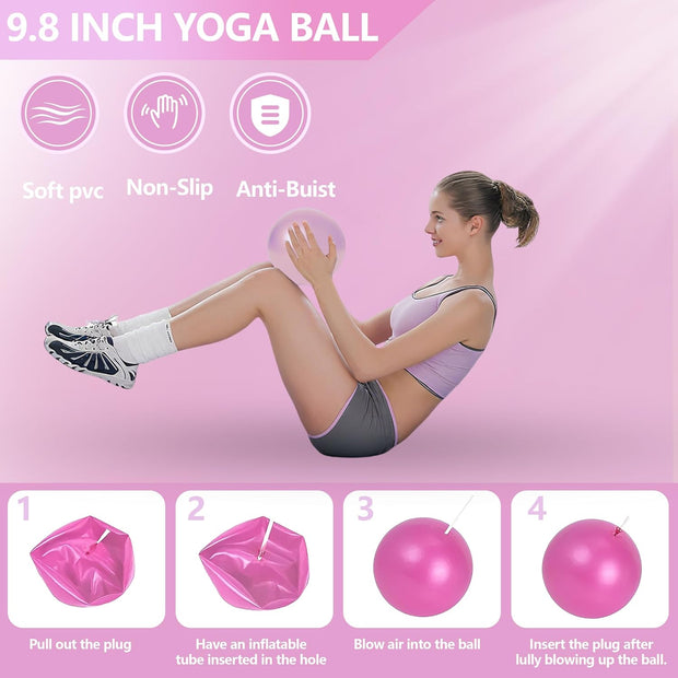 Pilates Ring Circle Set 10 pcs Pilates Equipment Accessories for Home Workouts 9.8” Pilates Ball 12” Magic Circle Yoga Ring and Resistance Bands for Women Pilates Ring and Ball Set Gift (Pink)