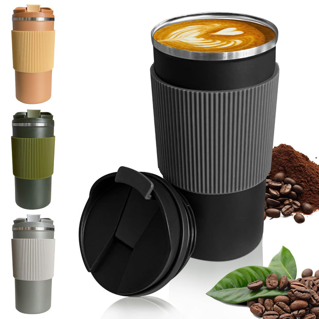 YINBAOGE Insulated Travel Coffee Mug Spill Proof Leak Proof Pobtable To Go Camping Stainless Steel Coffee Tumbler Reusable Coffee Cups with Lids Thermos for Hot and Cold Drink (Black, 12 OZ)