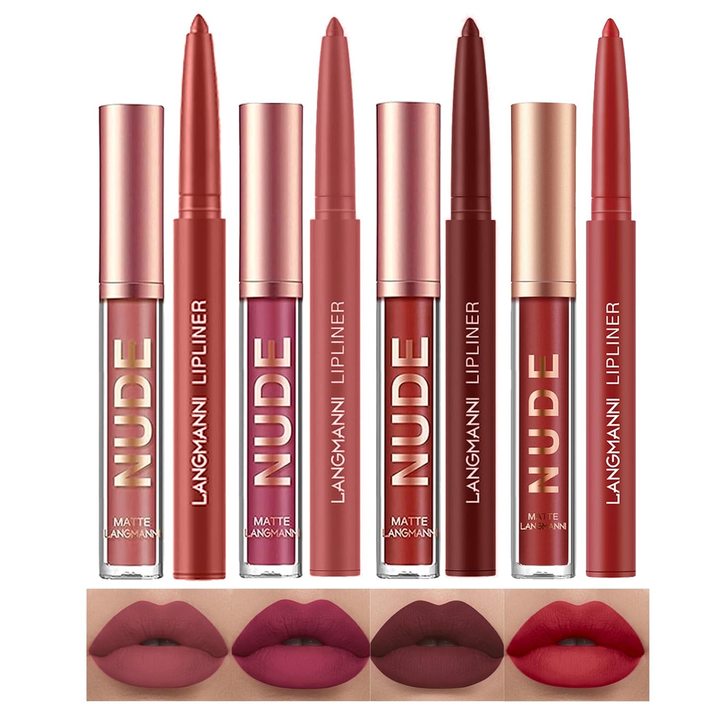 LANGMANNI 6 Matte Lipstick with 6 Lipliners Durable Makeup Set,Long-Lasting Non-Stick Cup Not Fade Waterproof Pigmented Velvet Lipgloss Kit Beauty Cosmetics Makeup Gift for Girls (#A)
