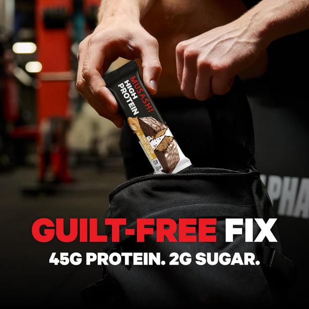 MUSASHI High Protein Bar, 45g Protein, 2g Total Sugars, Peanut Butter & Milk Chocolate Coated, Post Workout and Protein Snack On The Go, 12 Pack of 3.2oz (90g) Bars