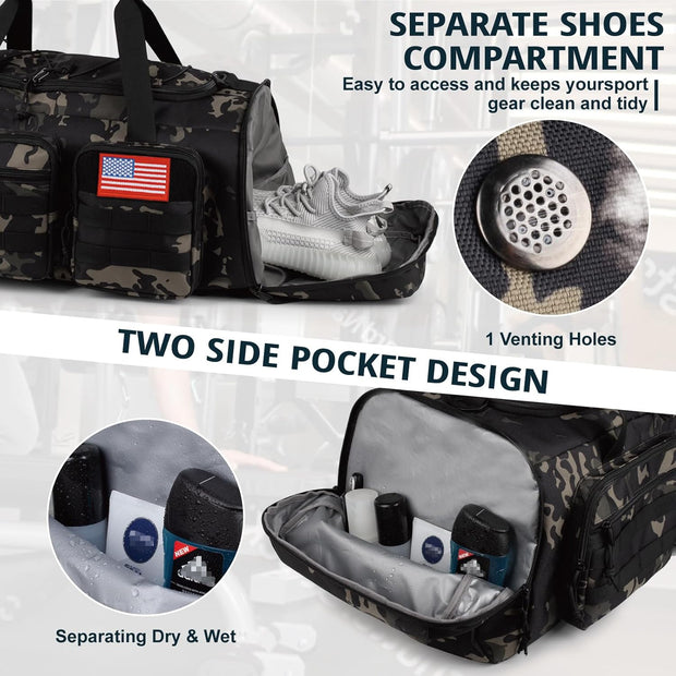 Tactical Gym Bag for Men，50L Large 3 in 1 Sports Duffle Bag with Shoes Compartment for Travel,Water Resistant Travel Backpack Weekender Overnight Bag with Wet Pocket for Women