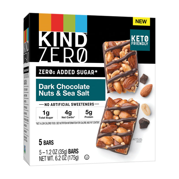 KIND ZERO Added Sugar Bars, Keto Snack, Dark Chocolate Nuts and Sea Salt, Good Source of Fiber, Gluten Free, Low Sugar, 6g Protein, 10 Count
