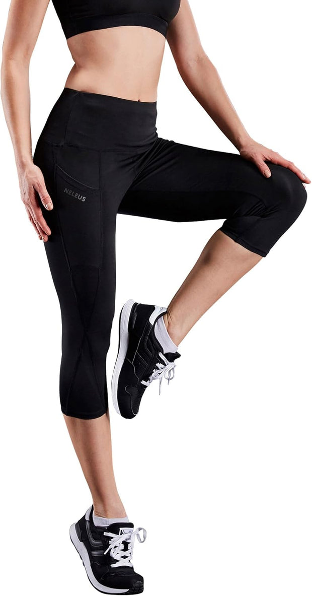 NELEUS Women's Tummy Control High Waist Capri Running Leggings Yoga Pants with Pocket