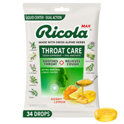 Ricola Max Honey Lemon Throat Care Large Bag | Cough Suppressant Drops | Dual Action Liquid Center | Soothing Long-Lasting Relief - 34 Count (Pack of 1)