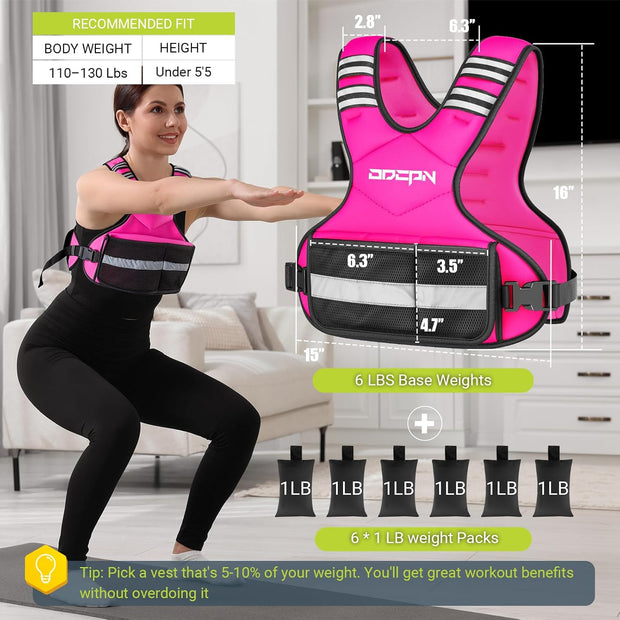 Weighted Vest Adjustable Weights for Women, 6-12 Lbs Weight Vest for Walking with Plus Size Pocket, Ruck Vest with 6 Ironsand Weights & Reflective Strip for Running, Workouts & Strength Training