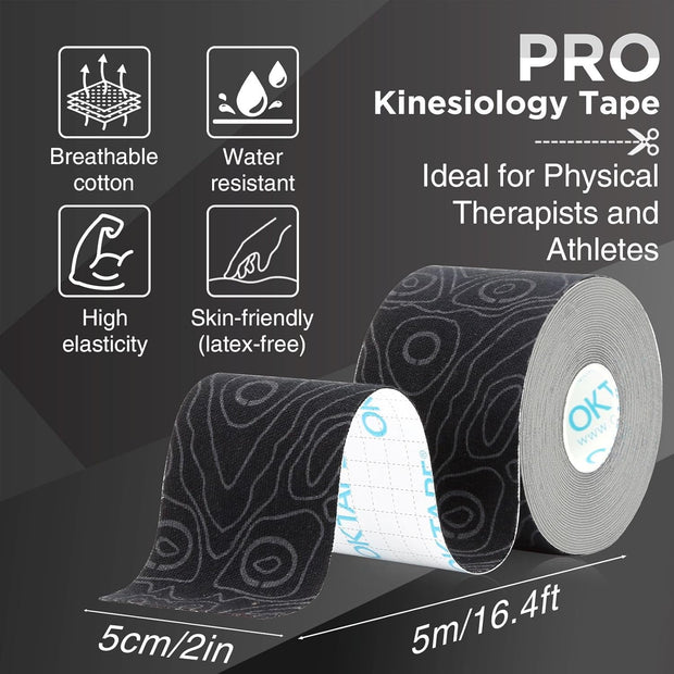 OK TAPE PRO Kinesiology Tape Uncut Roll, Elastic Physical Therapy Athletic Tape for Pain Relief, Muscle Support, Kinetic Tape, Water Resistant, 2in X 16.4ft -Black 2 Rolls