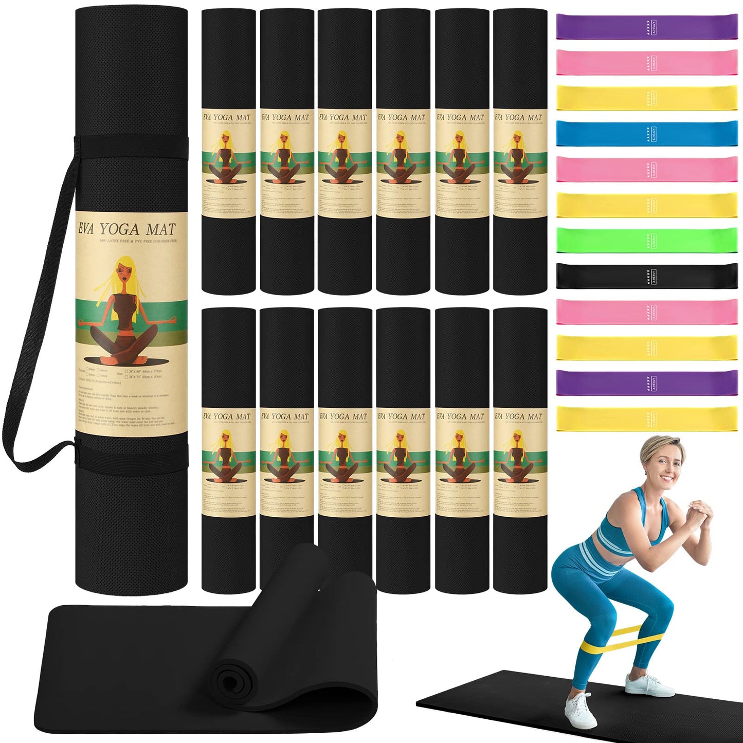 Hoolerry 36 Pieces Yoga Mats Sets Includes 12 Pcs Yoga Mats Bulk 68” x 24” x 6mm Thick Exercise Mat Non Slip 12 Resistance Bands 12 Carrying Straps for Women Girls for Gym Pilates