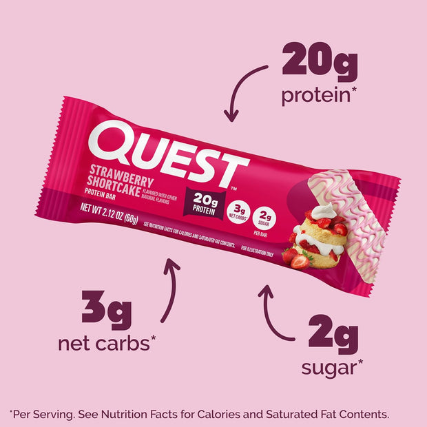 Quest Nutrition Protein Bars, Strawberry Shortcake, 20g Protein, 2g Sugar, 3g Net Carbs, 10g Fiber, Gluten Free, 12 Count