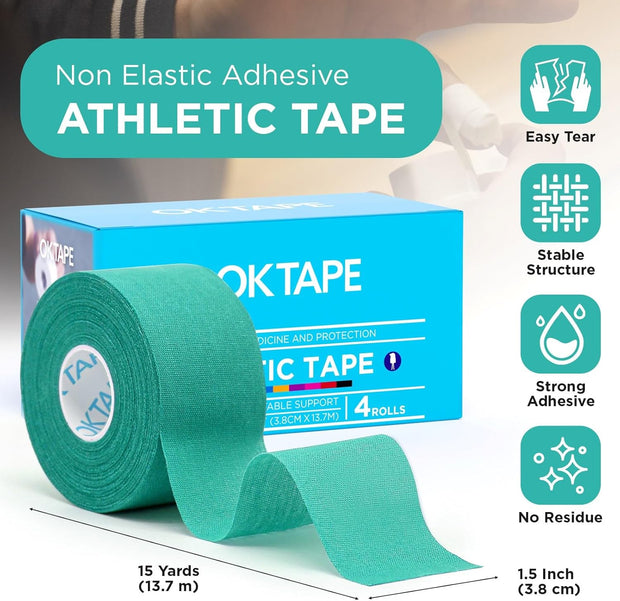 OK TAPE 4 Rolls Athletic Tape, Sports Tape for Injuries, Rigid, Easy Tear Medical Tape, Wrist Tape, No Sticky Residue | Secure Ankle, Finger, Knee- 1.5inch x 15yards (Purple)