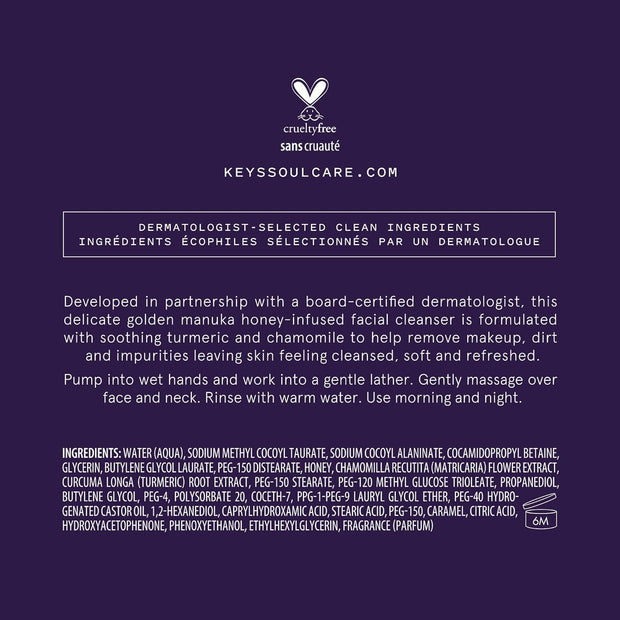 Keys Soulcare Golden Cleanser, Foaming Face Wash Gently Removes Dirt, Makeup & Impurities, Soothes Skin with Manuka Honey, Cruelty-Free, Calming Scent