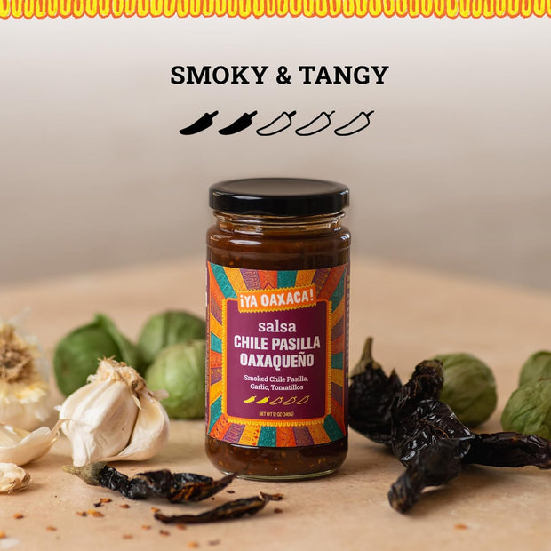 Ya Oaxaca - Mild Salsa - Chile Pasilla Oaxaqueño - Made with Roasted Tomatillos & Smoky Pasilla Peppers - Great with Chips & Guacamole or Topping Tacos - Gluten Free, Non GMO, Vegan - 12 Ounces