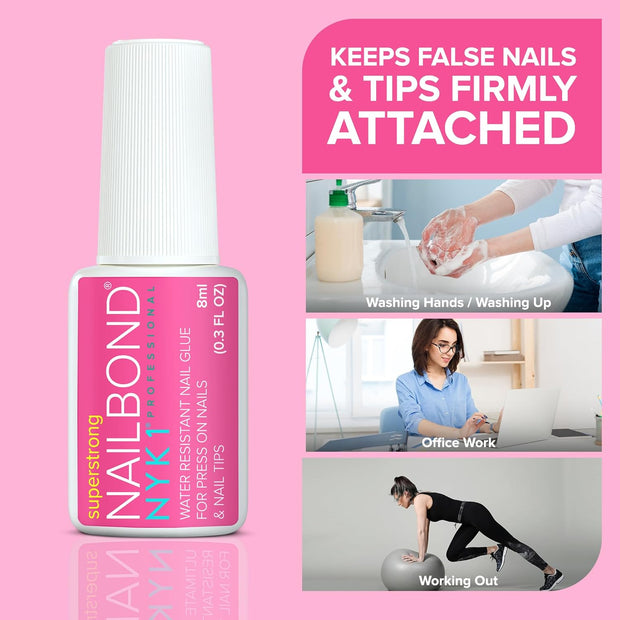 Super Strong Nail Glue for Press On Nails, Nail Tips & Acrylic Nails (8ml) NYK1 NailBond Brush On Glue for Press Ons, Tips & Acrylics - Long Lasting, Maximum Strength, Mess-Free Application