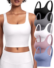 Womens Sports Bras 5 Packs - Square Neck Longline Workout Crop Tank Tops Padded Yoga Camisole with Built in Pads