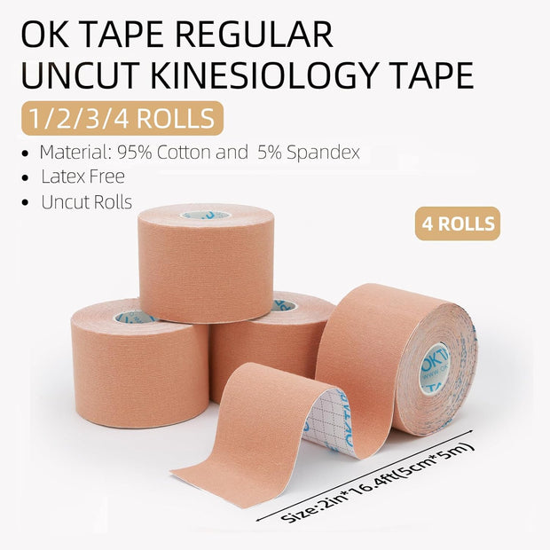 OK TAPE Kinesiology Tape, Regular Original Cotton Elastic Athletic Tape for Support and Recovery, Sports Tape, 2in×16.4ft Uncut Roll - Pink