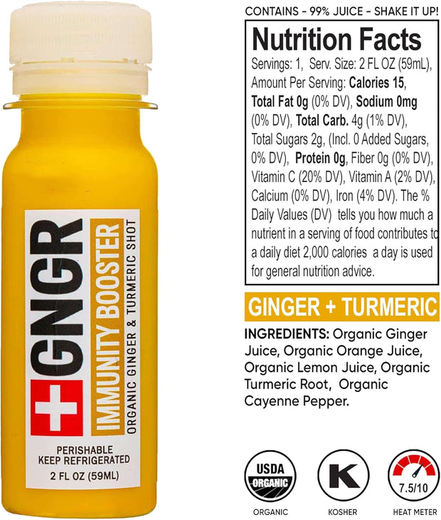 +GNGR Immunity Booster Organic Ginger and Turmeric Shot - Cold Pressed Ginger Shots with Turmeric, Cayenne Pepper, Orange, Lemon for All Natural Immune & Digestive Support (2 Oz, Pack of 12)