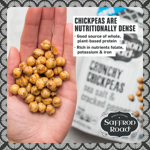 Saffron Road Roasted and Crunchy Sea Salt and Cracked Pepper Chickpeas | High Protein Snacks | Gluten-free, Vegan, Non-GMO, and Certified Halal and Kosher | 5.4oz Pouch | Pack of 6
