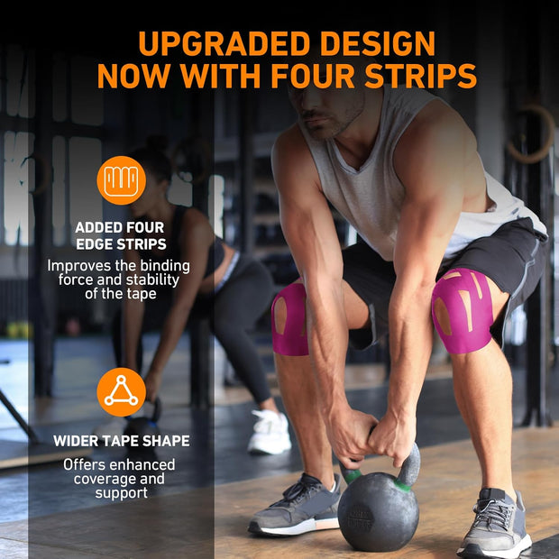 PreCut Kinesiology Tape for Knees, 12PCS Upgraded Waterproof KTQUICK Knee Tape for Knee Pain Relief Pre Cut, Original Cotton Athletic Knee Tape, Waterproof&Hypoallergenic Latex-Free for Sports (Black)