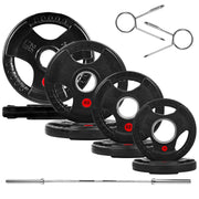 Olympic Cast Iron 2-Inch Weight Plates Including 5FT Olympic Barbell Bar & Safely Locks, 100 Pounds Set (85 lbs Plates + 15 lbs Barbell Bar), Multiple Packages