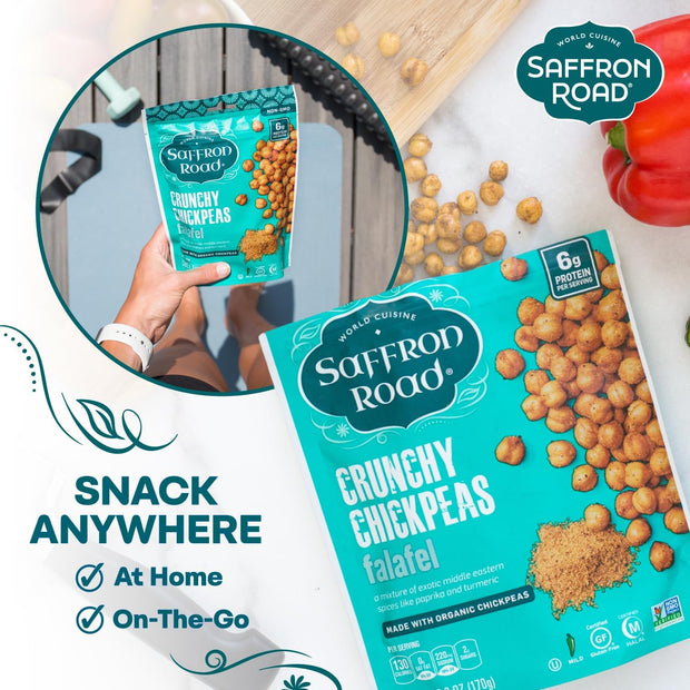 Saffron Road Roasted and Crunchy Sea Salt and Cracked Pepper Chickpeas | High Protein Snacks | Gluten-free, Vegan, Non-GMO, and Certified Halal and Kosher | 5.4oz Pouch | Pack of 6