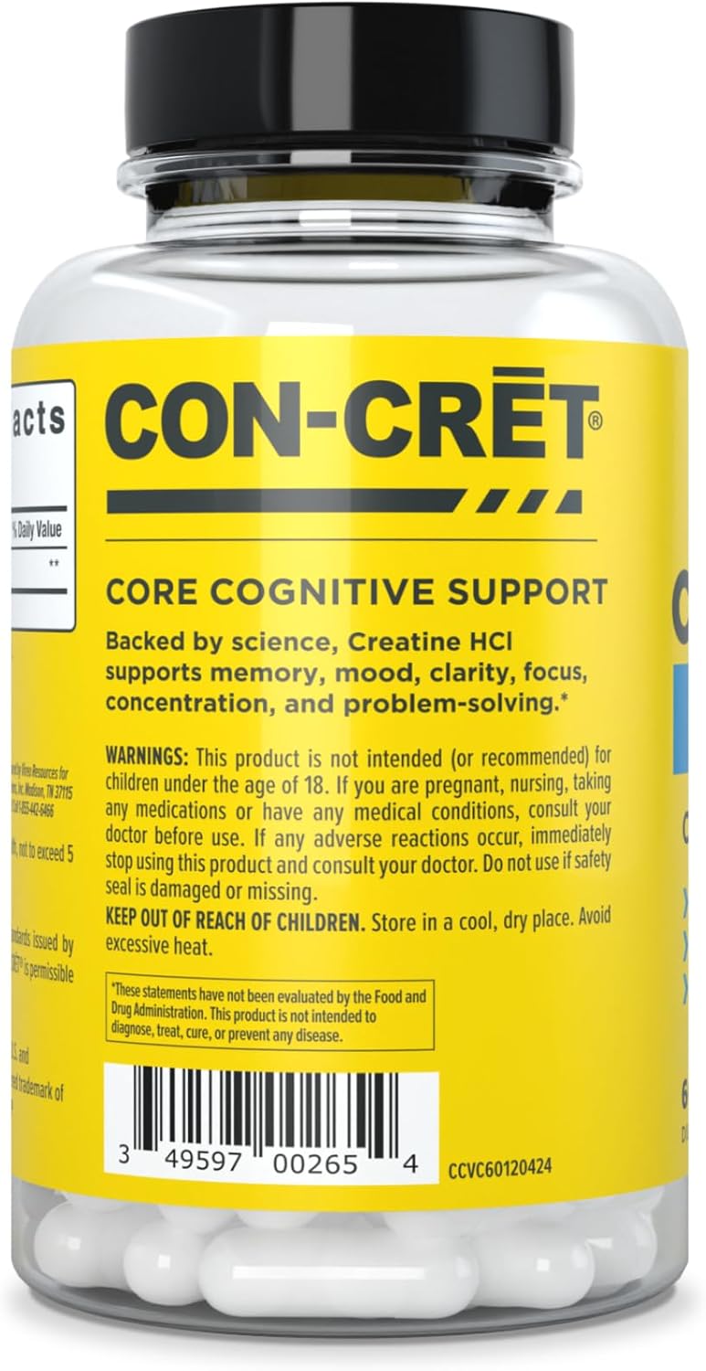 Creatine HCl for Brain Health Capsules – Clinically Tested Support for Memory, Focus, Concentration, Problem-Solving, Clarity, and Mood.* | Made in USA (60 Day Supply)