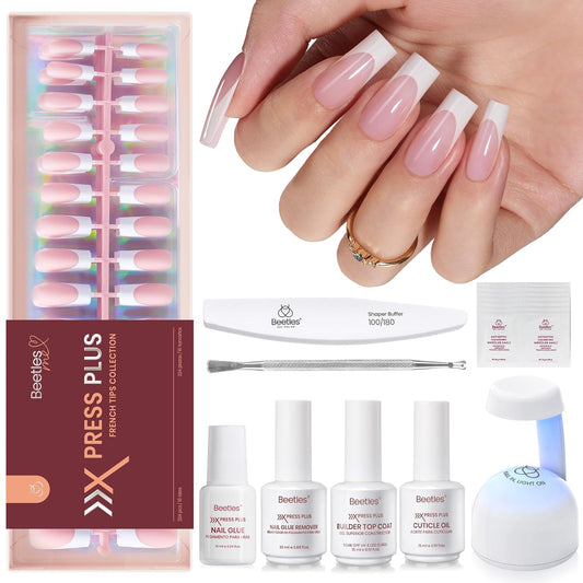 Beetles X Press Gel Nail Kit: Long Square French Tip Press On Nails Kit With 224Pcs Nail Tips Nail Glue & Builder Top Coat Mini UV Light, All-in-One DIY Designs Gift For Women At Home 16 Size