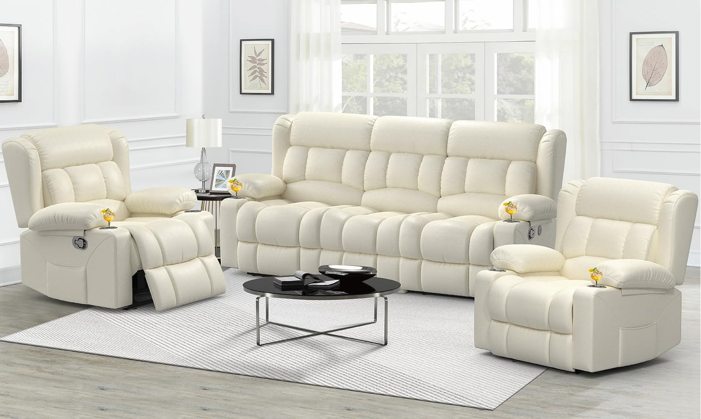 Loveseat Recliner Sofa, Flip Middle Backrest Design PU Leather 3 Seat Reclining Sofa with Storage Drawer, Manual Couch for Living Room (Ivory White, PU)